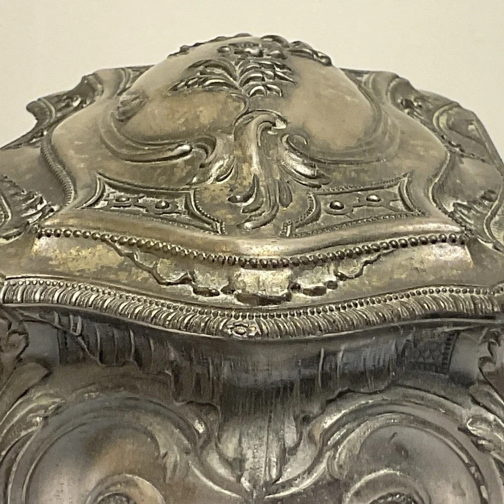 Vintage Pewter Intricate Floral Jewelry Casket Box Ornate Victorian Design Japan